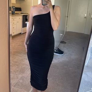Black ruched midi dress one shoulder